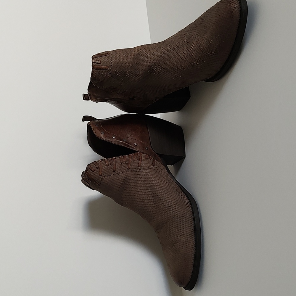 OBTB brown snakeskin booties.